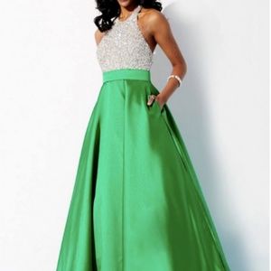 Jovani Emerald and Silver Halter Ballgown 29160